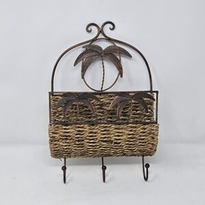 Metal WALL Hanging WOVEN BASKET Palm Tree Wicker Decor Letter Recipe Keys Holder